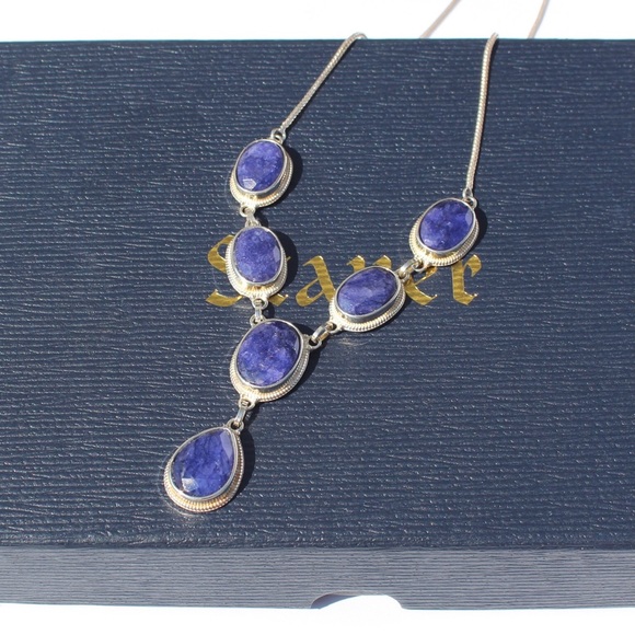 Stauer Simulated Sapphire Sterling Silver Necklace & Earrings Jewelry Set In Box - Picture 2 of 6